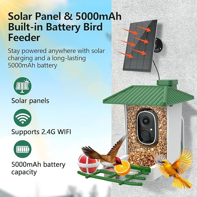 Smart Bird Feeder with Camera Solar Powered, 2K HD WiFi Live View Bird Feeders for Outdoors, AI Birds Recognition & Instant Alerts,Weatherproof Design – Best Gift for BirdLovers & Garden Birdwatching