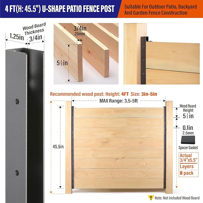 8pack 4FT (H: 45.5″) Matel Backyard Privacy Fence Panels Post Black, Install Fence Panels Post for Wood Slats Outdoor