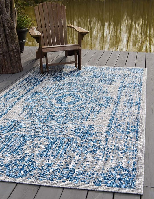 Unique Loom Outdoor Traditional Collection Area Rug - Timeworn (8' x 11' 4" Rectangle, Blue/ Gray)