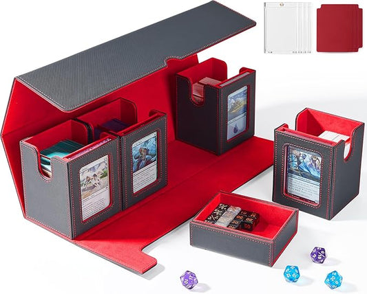 Card Deck Box for MTG with Commander Display, 5 in 1 Card Deck Case Holds 800+ Unsleeved Cards, Strong Magnet Organizer Compatible with Yugioh TCG Sports Cards (Black&Red)