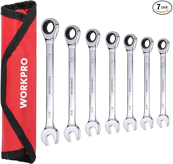 WORKPRO 7-Piece Ratcheting Combination Wrench Set, 72 Teeth, Cr-V Constructed, Combo Ratchet Wrenches Set with Roll Up Pouch, SAE 5/16"-11/16"