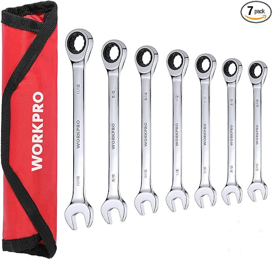 WORKPRO 7-Piece Ratcheting Combination Wrench Set, 72 Teeth, Cr-V Constructed, Combo Ratchet Wrenches Set with Roll Up Pouch, SAE 5/16"-11/16"