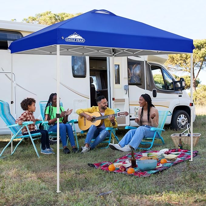 EAGLE PEAK Pop Up Canopy Tent with Wheeled Carry Bag, 8 Stakes, 4 Ropes, Easy Set Up Tent Canopy, 8x8 ft, Blue
