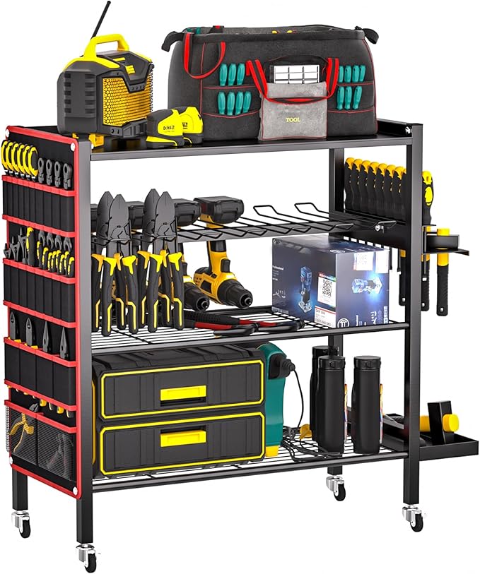 Ultrawall Power Tool Organizer Cart, 4-Tier Rolling Tool Storage Stand with Wheels, Garage Floor Tool Holder with Side Storage Pockets, Gift for Men