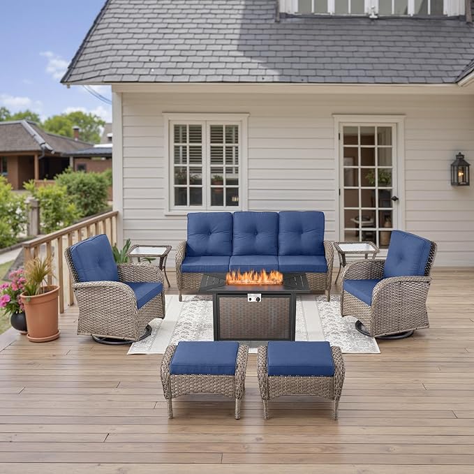 Belord 8 Piece Patio Furniture Set with 50000 BTU Propane Fire Pit Table, Outdoor Conversation Set with 2 Swivel Rocker Chairs Wicker Sofa and Ottomans for Casual Gatherings Gray