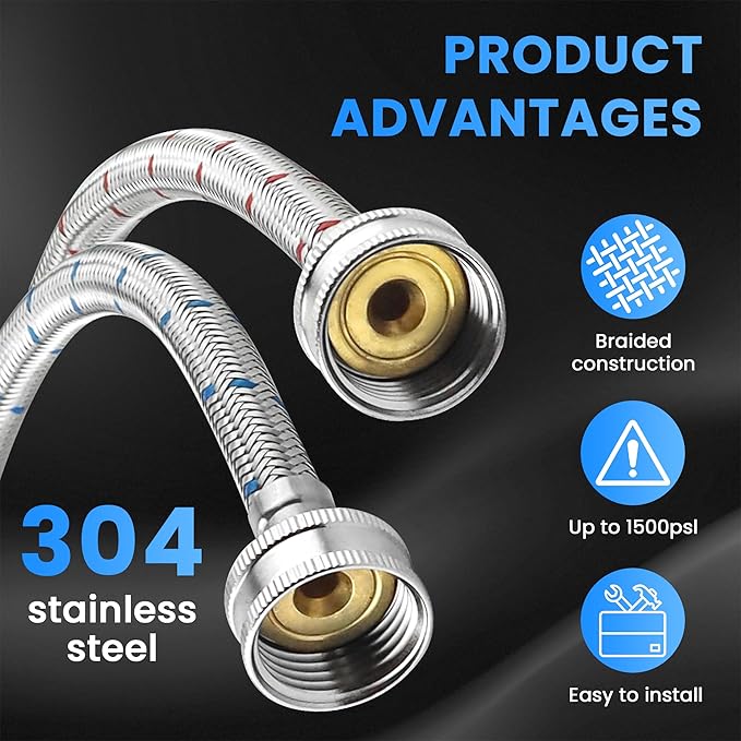6FT Washer Stainless Steel Hoses with 90 Degree Elbows - Burst Proof 3/4" FHT Standard Thread Hot and Cold Water Connection Inlet Supply Lines by AMI PARTS