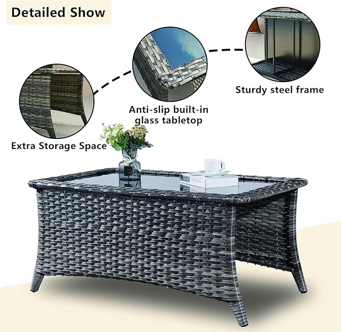 Rilyson Wicker Patio Furniture Sofa Set - 7 Piece Rattan Outdoor Patio Sectional Conversation Sets with 2 Sofa,2 Armrest Chairs,1 Coffee Table and 2 Ottomans for Porch Deck Garden(Mixed Grey/Blue)