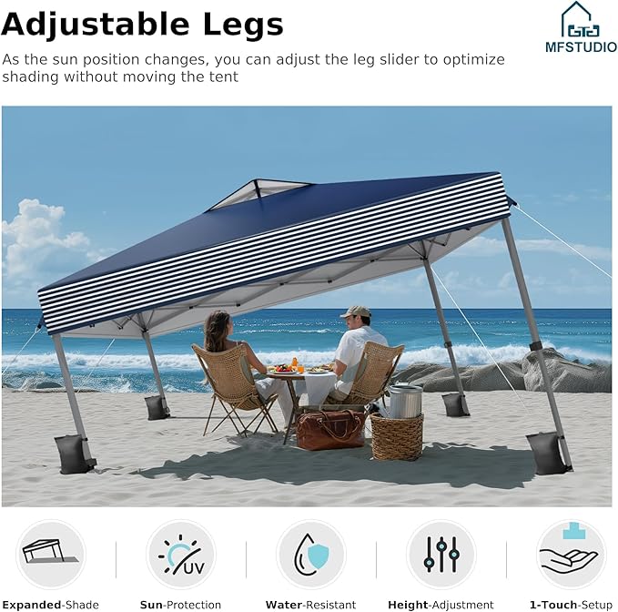 MFSTUDIO Pop Up Canopy Tent, 10x10 Outdoor Canopies One Person Push Set Up Tent Instant Portable Shelter Tents with Vented Top, Storage, 4 Sandbags, Beach Canopy,Blue Stripe