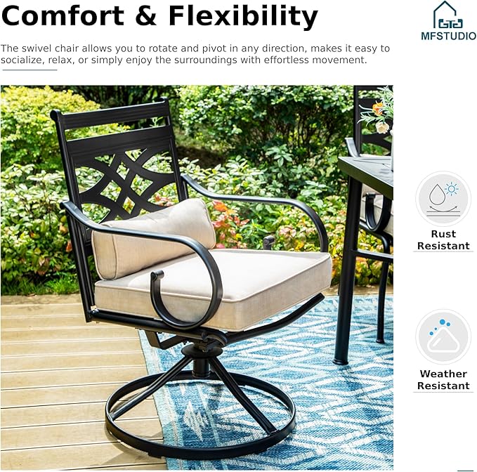 MFSTUDIO Round Patio Table and Chairs Set, Patio Dining Sets for 6 with Swivel Chairs, 7 Piece Outdoor Dining Set with Umbrella Hole, Outdoor Patio Furniture Set for Deck Backyard Garden