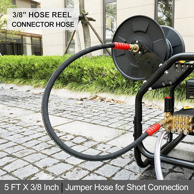 POHIR Pressure Washer Whip Hose 5FT, Reel Connector 248°F Hot/Cold Water Jumper Hose 3/8" with Quick Connect Adapter, Industry Grade Steel Wire Braided & Synthetic Rubber Jacket 4800 PSI