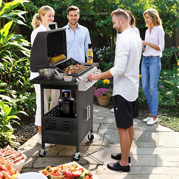 HUGROVE Propane Gas BBQ Grill with Wheels, 40,000 BTU Output Stainless Steel Barbecue Grill for Backyard & Outdoor Cooking Easy to Assemble, Foldable Side Tables & Spice Rack (Black)