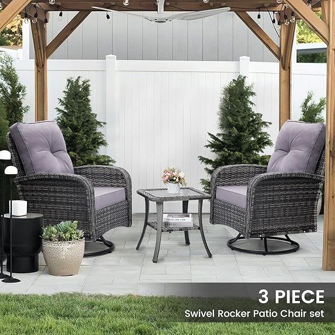 Luxury Outdoor Swivel Wicker Glider Patio Chairs with Table Set, Overstuffed Washable Cushions, Ideal for Porch, Balcony, Deck, Grey Rattan and Grey Cushion