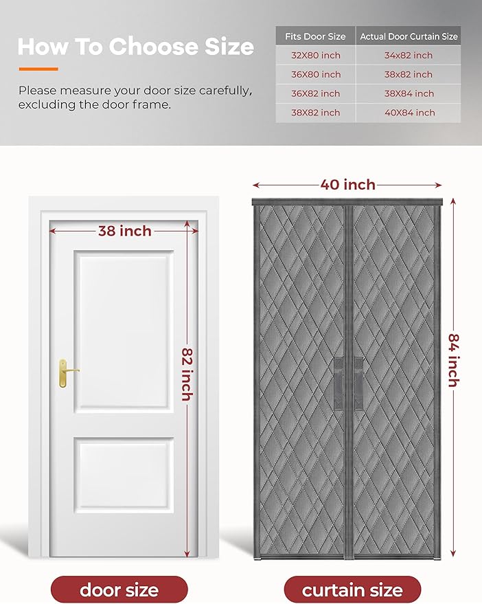 Magnetic Thermal Insulated Door Curtain, Fit Size up to 38 x 82 Inches, Thermal Door Curtain Filled with Thick Cotton to Keep Warm Winter, Doorway/Front/Back/Basement, Grey, Diamond