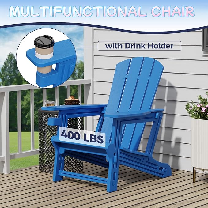 Adirondack Chairs Set of 4,Adirondack Chair with Cup Holders,Wooden Textured Plastic Fire Pit Chair,All-Weather Outdoor Patio Chairs for Lawn,Backyard Deck, Porch,400LBS Heavy-Duty，Klein Blue