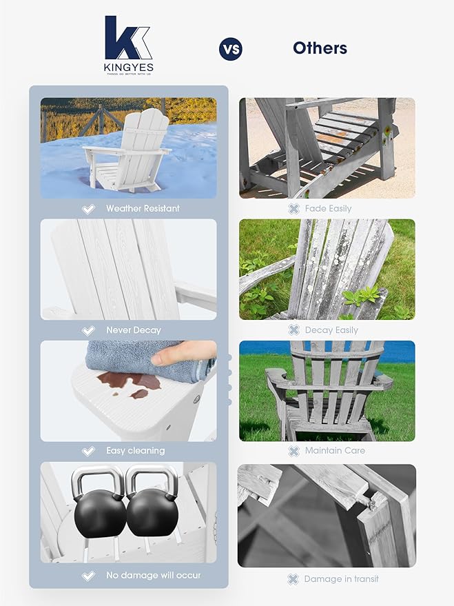 KINGYES Folding Adirondack Chair Set of 6, HDPE All-Weather Folding Adirondack Chair, White