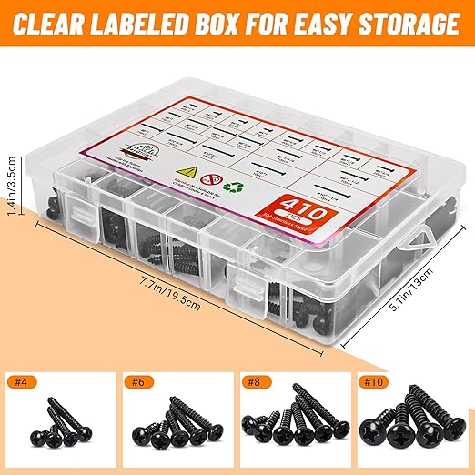 410 PSC Stainless Steel Black Screw Assortment Kit - #4#6#8#10 Phillips Pan Head, Self-Tapping for Wood & Metal