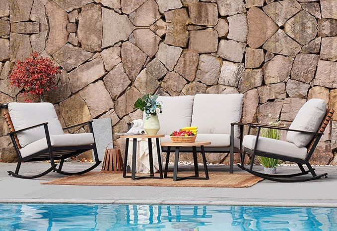 Grand patio Outdoor Rocking Chairs, 2-Piece Loveseat Leather-Look Patio Bistro Set Outdoor Furniture Conversation Sets，4.75'' Grey Cushions