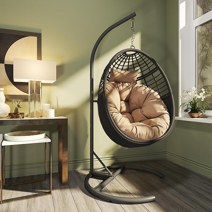 Hanging Egg Chair Hammock Chair with Stand Wicker Rattan Chairs for Indoor Outdoor Patio Bedroom Swing Chair with Steel Frame and Soft Cushion