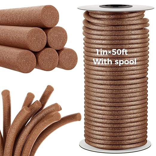 1 Inch x 50 ft Foam Backer Rod for Gaps Joints Concrete Crack Filler Caulk Saver Bulk Foam Backing Rod Concrete Filler Rope for Weather Stripping Door Seal (Brown)