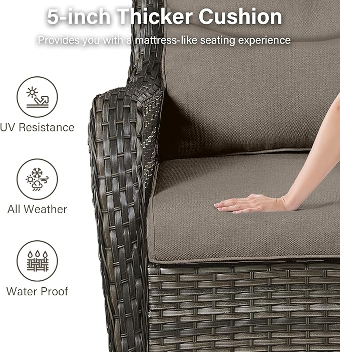 Outdoor Swivel Rocker Patio Chairs Set of 6-5" Thick Cushion 6 Piece Furniture Set with Fire Pit Table All Weather Wicker Conversation Set for Porch Deck - Gery Wicker | Gery Cushions