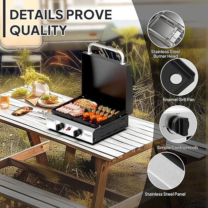 ROVSUN 2 Burner Portable Propane Griddle with Electronic Ignition & Regulator, 20,000 BTU Tabletop Flat Top Gas Grill with Enameled Tray & Lid for Outdoor Cooking Camping BBQ Tailgating Picnicking