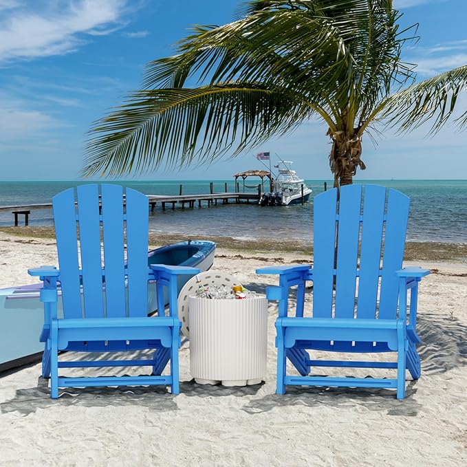 Adirondack Chairs Set of 4,Adirondack Chair with Cup Holders,Wooden Textured Plastic Fire Pit Chair,All-Weather Outdoor Patio Chairs for Lawn,Backyard Deck, Porch,400LBS Heavy-Duty，Klein Blue
