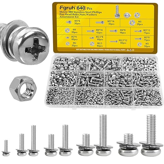 640PCS Machine Screws Assortment Kit, M2 M2.5 M3 M4 M5 Nuts and Bolts Assorted Set, 304 Stainless Steel Metric Combination Screw with Fixed Washers (All-in-One Design)