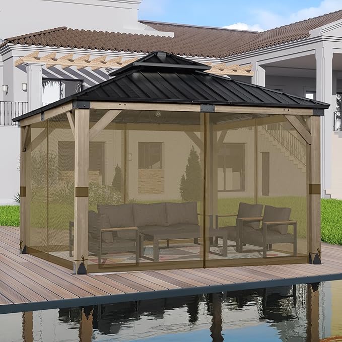 BPS 10' x 10' Gazebo Universal Mosquito Netting Screen Replacement, 4-Panel Screen Walls with Double Zippers for Outdoor Patio, Brown (Mosquito Net Only)