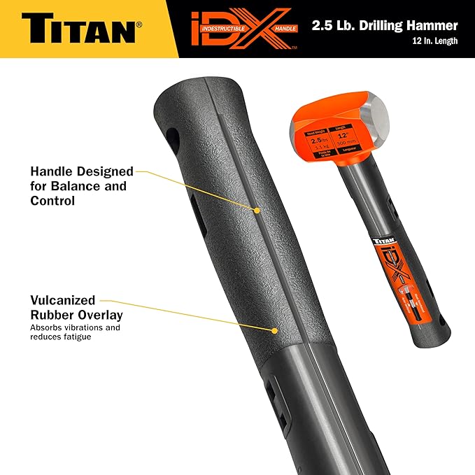 Titan iDX 63612 2.5lb Drilling Hammer, Sledgehammer with 12" Indestructible Handle Reinforced with Steel Locking Plates & Steel Bars, Vulcanized Rubber Grip, Overtstrike Protection