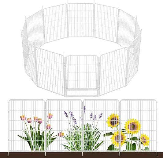SunsGrove Tall Garden Fence with Gate, 40 in(H) x 26.8 ft(L) 12 Panels Heavy Duty Metal Animal Barrier Fence for Yard, Suitable for Indoor or Outdoor Dog Pet Fence, Garden Fence Border, White