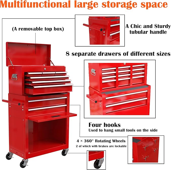 8 Drawers Rolling Tool Box Organizer,High Capacity Tool Chest with Wheels,Lockable Rolling Tool Chest with Bottom Cabinet, Tool Box Rolling Workshop Storage Cabinet (8 Drawers(Red))