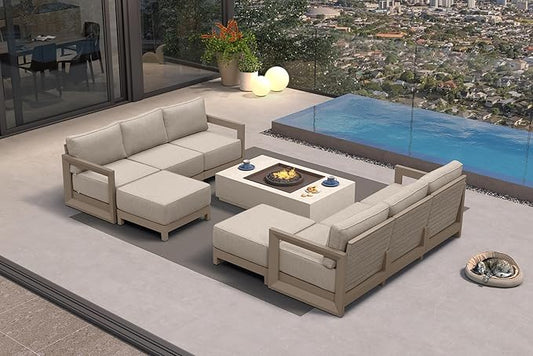PURPLE LEAF Patio Furniture Set L-shaped Outdoor Couch with 9.6" Thick Cushion and Soft Pillows 8 Piece Outdoor Sectional Sofas with Ottoman Modern Outdoor Conversation Sets for Yard Porch Deck, khaki