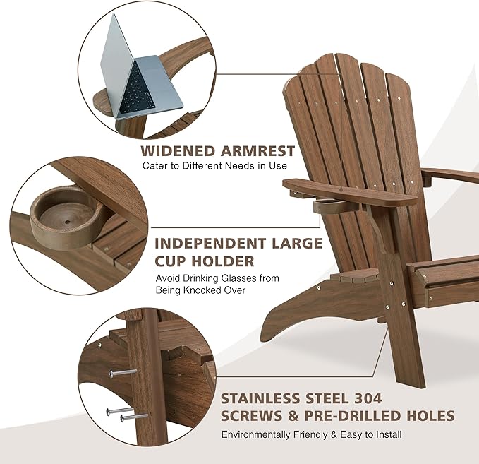 Psilvam Oversized Adirondack Chair, Fade-Resistant & Odor-Free Poly Lumber Fire Pit Chair with Cup Holder, Weatherproof Lawn Chair, Easy 15 Min Install Patio Chair, 350 Lbs Support (1, Light Brown)