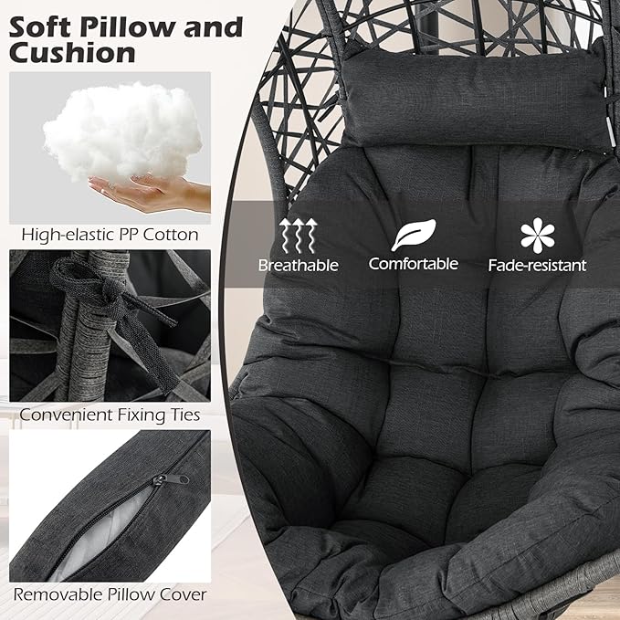 Giantex Egg Chair Outdoor Indoor - Hammock Chair with Stand, Pillow, Cushion, Hanging Accessories, PE Rattan Hanging Basket Chair for Living Room, Bedroom, 350 LBS Capacity Patio Swing Chair, Grey