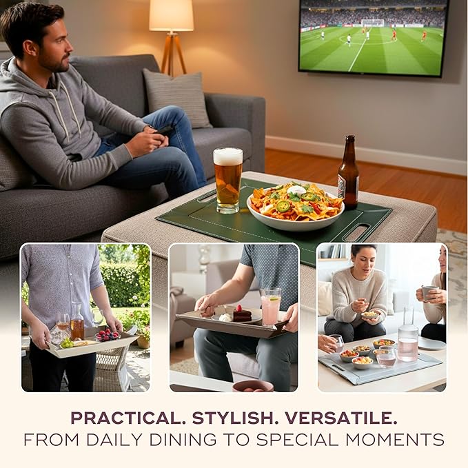 PLACEsMAT 2-in-1 Faux Leather Placemat & Serving Tray | Reversible Design, Lays Flat & Easy to Clean | Ottoman Food Tray, Housewarming Gift, 18” x 14” (Olive Green & Ivory, Set of 4)
