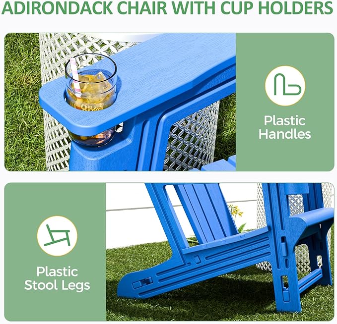 Adirondack Chair Set of 4, All Weather Plastic Adirondack Chairs, Fire Pit Chairs with Cup Holder, Outdoor Lawn Chair for Patio, Garden, Backyard, Klein Blue