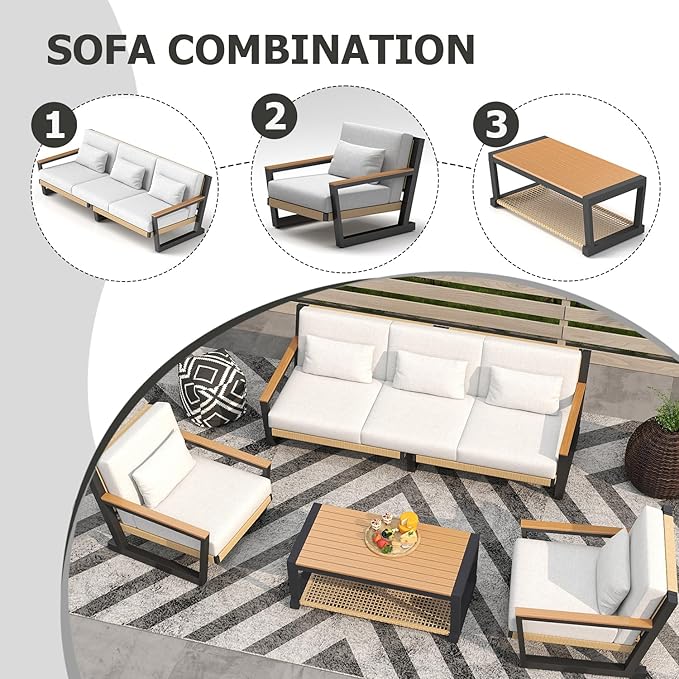 Aluminum Patio Sofa Set with PE Rope Weaving, 500lbs Capacity Outdoor Conversation Set, Waterproof UV-Resistant Cushions & Powder-Coated Frame, Modern Sectional for Poolside, Garden Yellow