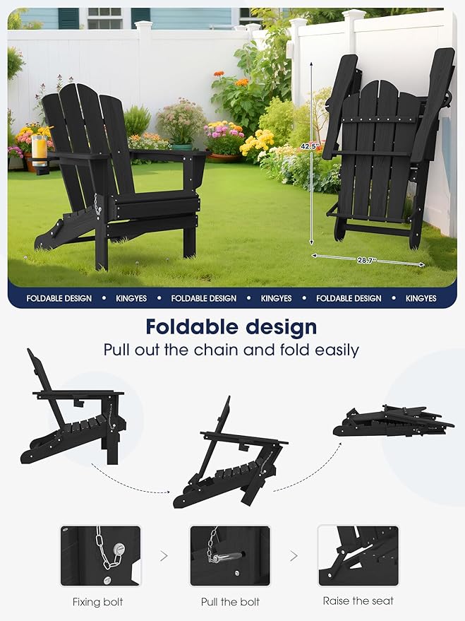 KINGYES Folding Adirondack Chair Set of 6, HDPE All-Weather Patio Chairs with Cup Holder, Wooden Textured Fire Pit Chairs for Poolside, Backyard, Deck, Black
