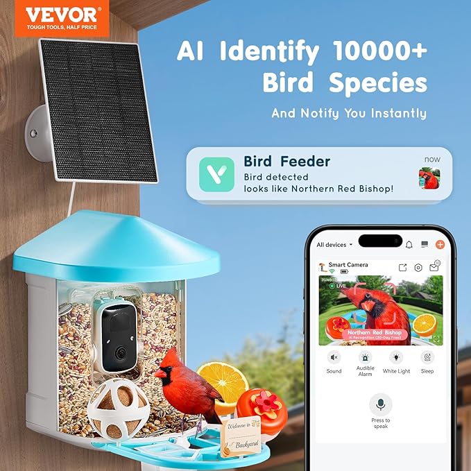 VEVOR Bird Feeder with Camera, Smart Bird House Camera Solar Powered, Wireless Vedio Birdhouse with AI Identify Resolution, 2K Full HD, Auto Detect & Notify, Ideal Present Choice for Bird Lover