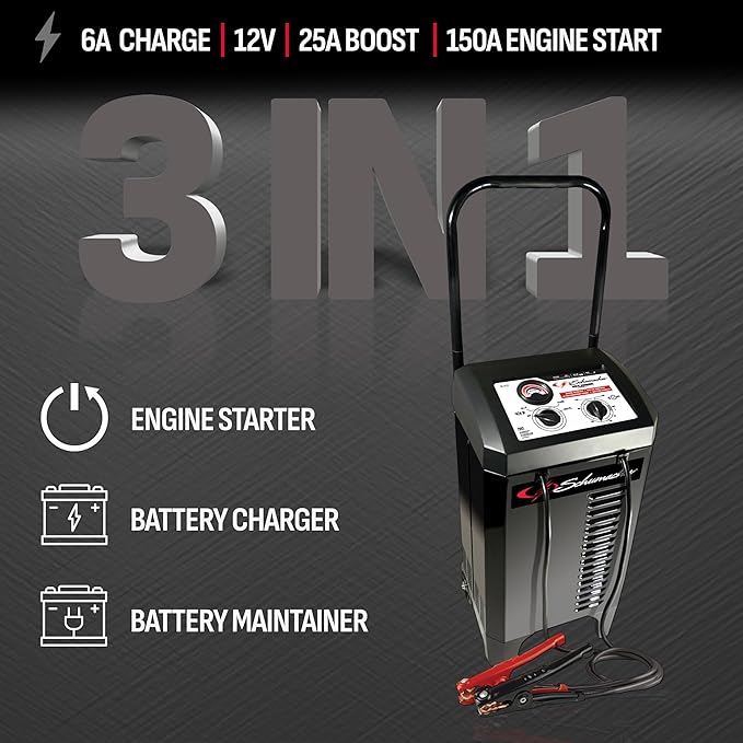 Schumacher Electric Wheeled Manual 6A Car Battery Charger and 150A Engine Starter, 2-in-1 Solution, 25A Boost, for 12V Power Sport, Automotive, and Marine Batteries, SC1437