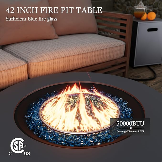 UPHA 42-inch Outdoor Propane Gas Fire Pit Table 50000 BTU Iron Round Firepit for Outside Patio with Tank Hidden Table, Removable Lid, Blue Glass Rocks, Rain Cover, Grey