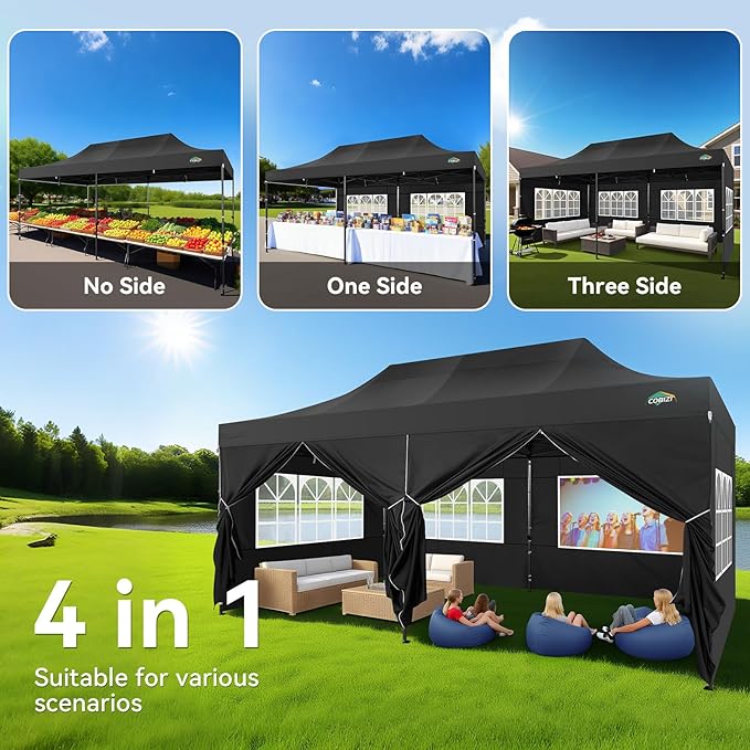 COBIZI 10x20 Heavy Duty Pop up Canopy with 6 Sidewalls, Easy Set-up Commercial Outdoor Party Tent, 100% Waterproof Tent for Parties Weddings Events, Gazebo with Wheeled Bag, Black