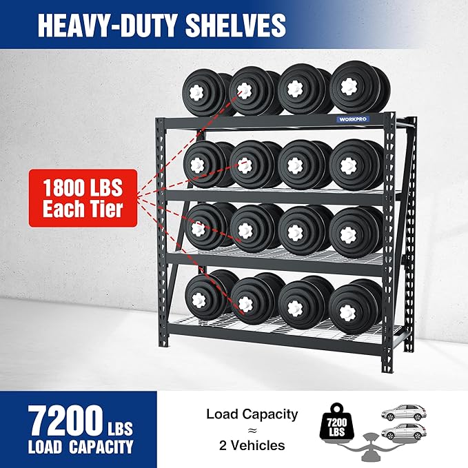 WORKPRO 68" Ultra Wide 4-Tier Metal Garage Shelving Unit, 68"W x 24"D x 65"H, 7200 LBS Capacity, Heavy Duty Storage Utility Rack, Industrial Adjustable Shelves for Shop Warehouse Basement, Pack of 10
