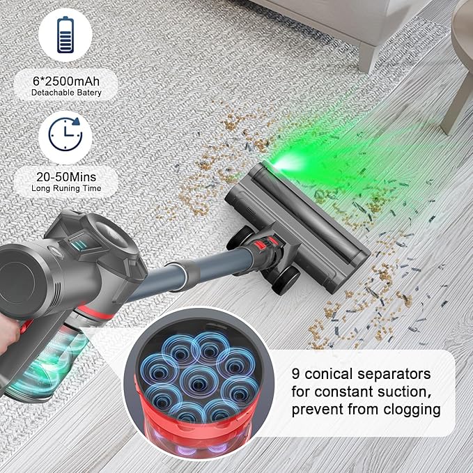 Cordless Vacuum Cleaner, 21Kpa Powerful Stick Vacuum for Home,3 Speeds Self-Standing Stick Vacuum with 45 Min Runtime, 6 in 1 Lightweight Handheld Wireless Vacuum for Pet Hair Carpet Hard Floors