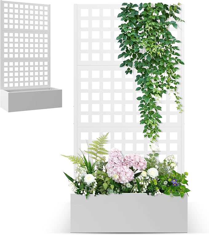 Metal Planter Box with Trellis, Raised Garden Bed for Climbing Plants, Privacy Screen with Garden Boxes，Drainage Hole for Vegetables, Flowers, Vines (35" L×16" W×71" H, White)