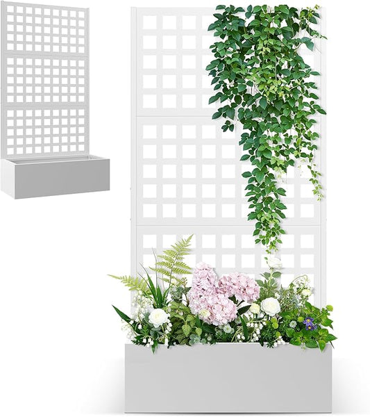 Metal Planter Box with Trellis, Raised Garden Bed for Climbing Plants, Privacy Screen with Garden Boxes，Drainage Hole for Vegetables, Flowers, Vines (35" L×16" W×71" H, White)