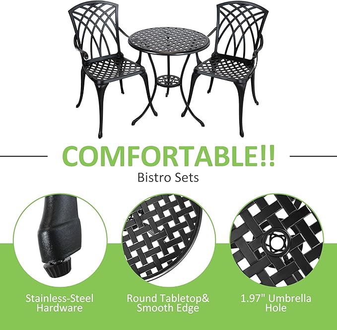 Bistro Patio Set 3 Piece,Cast Aluminum Bistro Table and Chairs Set of 2 with Umbrella Hole,All Weather Bistro Table Set for Yard Garden,Outdoor/Indoor Use,Black