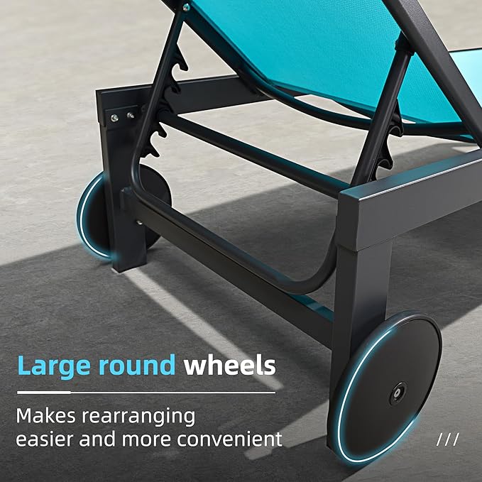 PURPLE LEAF Outdoor Chaise Lounge with Wheels for Outside 2 Pieces Aluminum Patio Lounge Chair with 5 Adjustable Position Recliner for Patio Beach Yard Pool Side Table Included Turquoise Blue