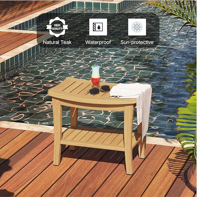 OTSUN Teak Shower Bench with Shelf & Non-Slip Feet, 17 Inch Heavy Duty Shower Chair for Inside Shower, Shower Stools for Seniors