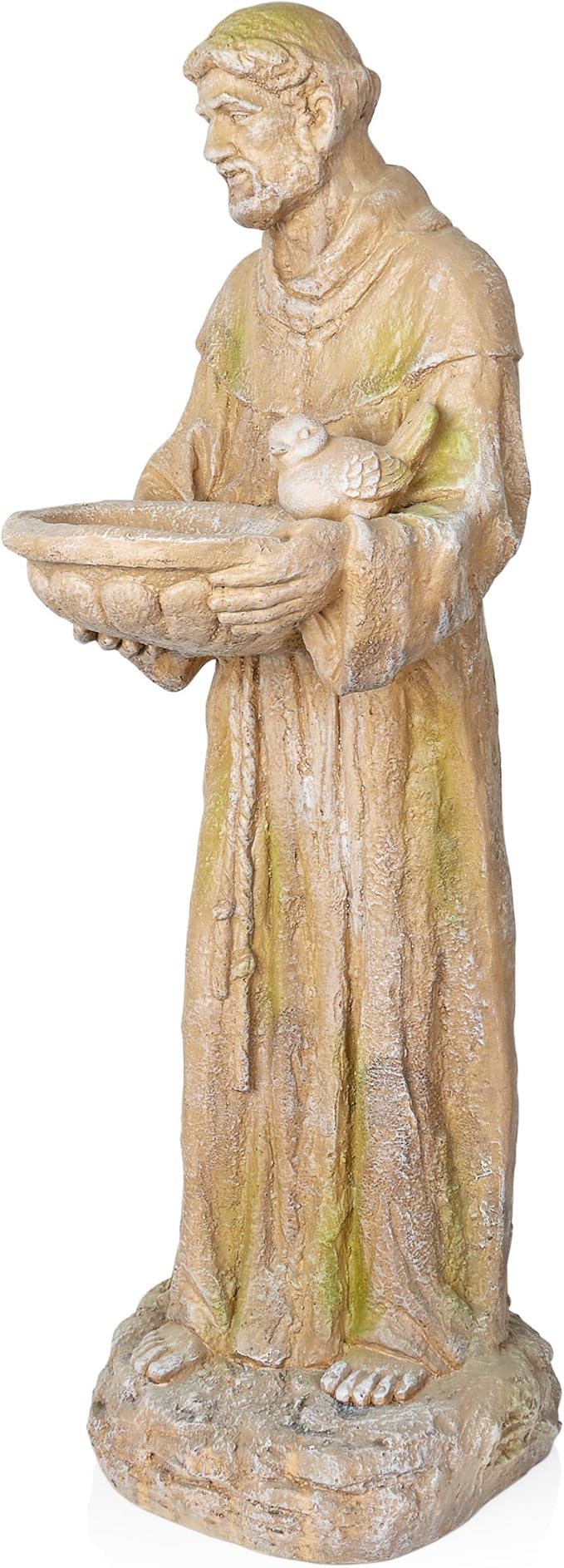 Alpine Corporation QFC107-201 Old World St. Francis Statue with Bird Feeder and Mossy Finish, 45" H, Tan and Green